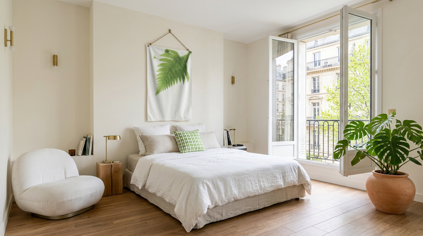 Une chambre avec un grand lit king size un drapeau au dessin de fougère suspendu au mir grâce à des œillets,  un coussin aux motifs graphiques verts et blancs sur un lit à la parure en lin blanche, une plante monstera dans un pot en céramique couleur Terracota un coussin arrondi moelleux modernes près d'une étagère intégrée dans le mur avec quelques livres, des spots dorés, une grande fenêtre ouverte, style Hosmanien.