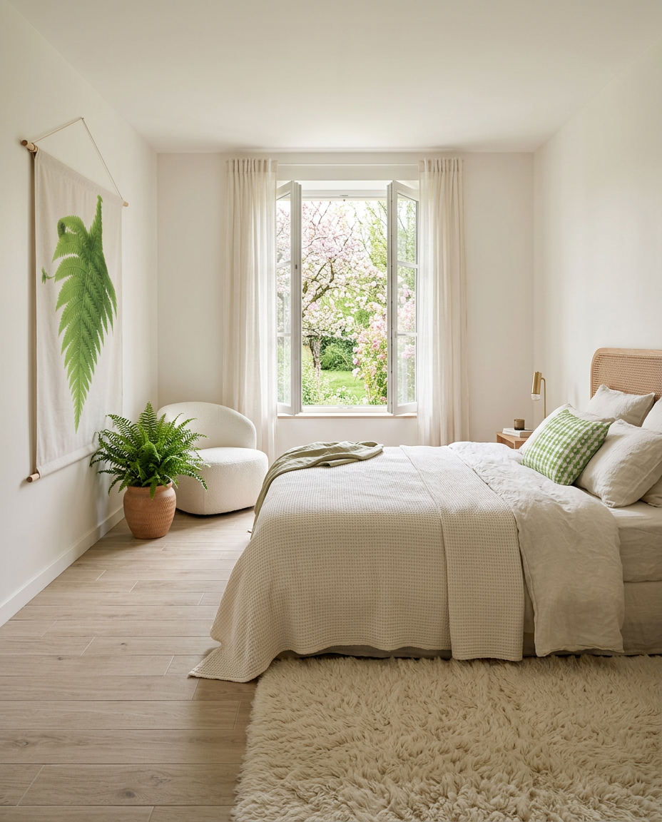 Une chambre lumineuse avec un grand lit doté de lige de lit en lin crème, un drapeau suspendu sur le mur représentant une grande fougère, un fauteuil moelleux blanc, une plante verte dans un pot en terre cuite une fenêtre lumineuse ouverte donnant sur un jardin printanier fleurIi.