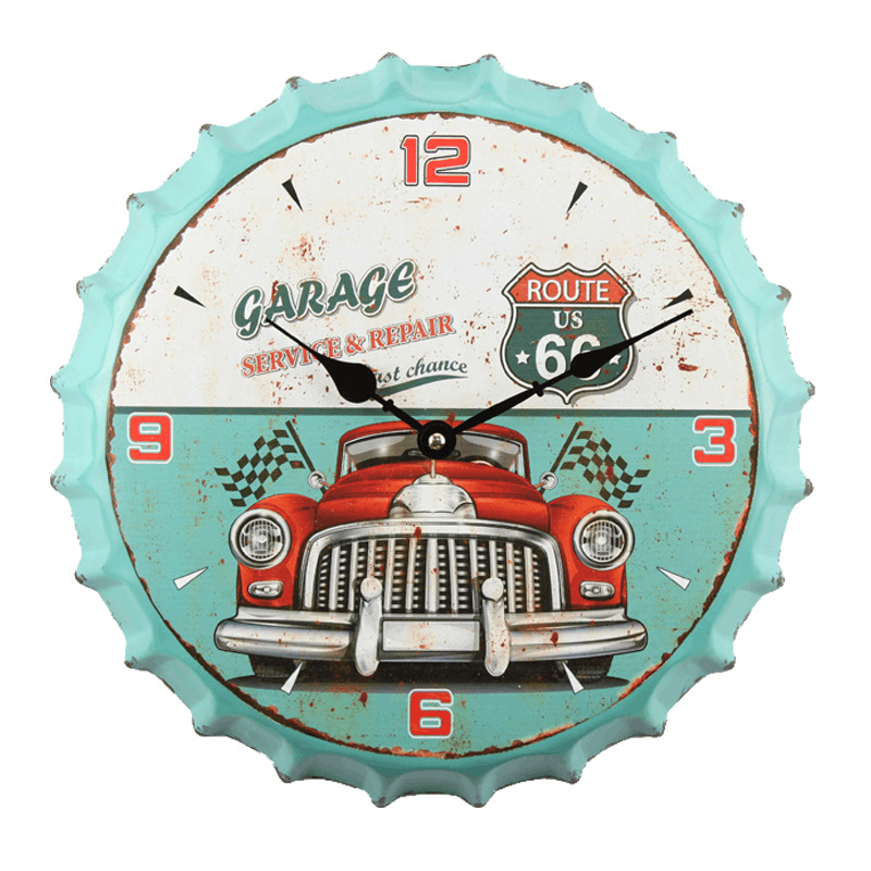 Horloge vintage capsule en fer "Garage Route 66" bleu clair horloge murale 