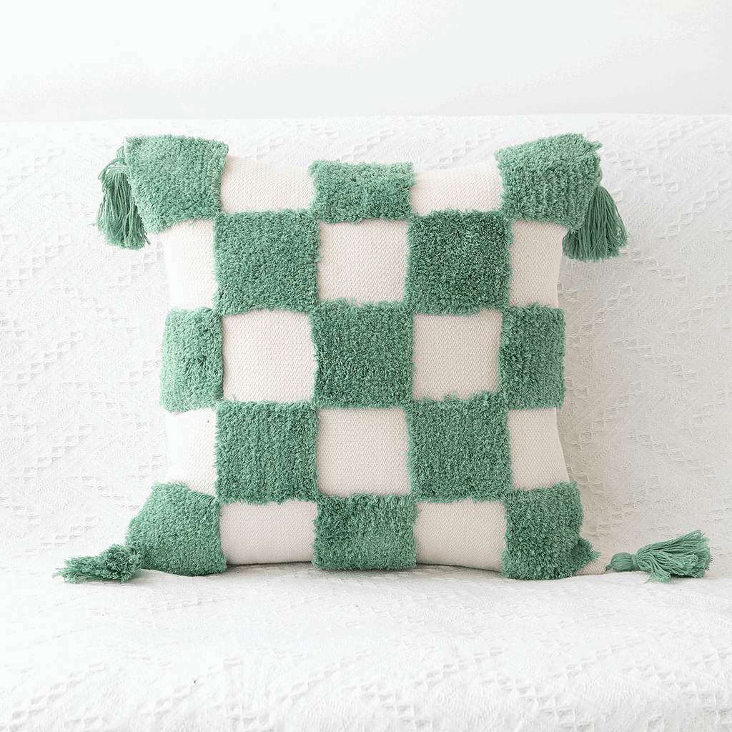 Housse de coussin dessin damier vert d'eau 