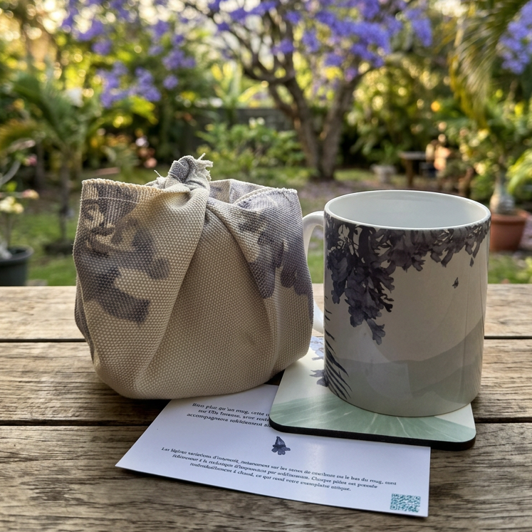 Mug en céramique blanc et vert d’eau, décoré d’un jacaranda violet au style tropical réunionnais, posé dans un jardin fleuri.