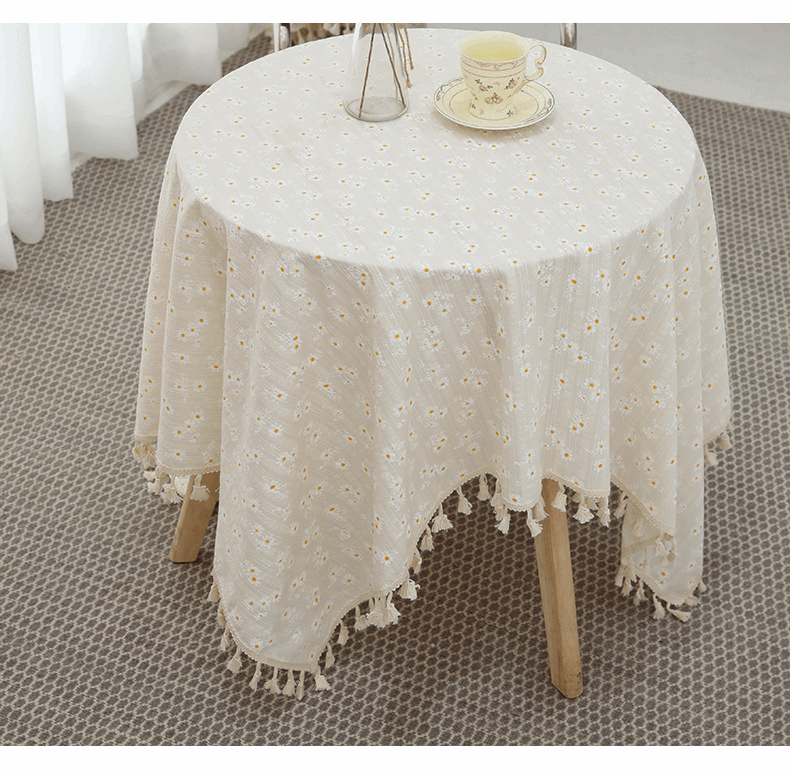 Nappe en coton beige à franges motifs marguerite 