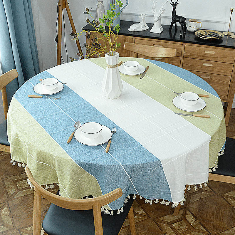 Nappe ronde bohème en coton et lin bleu, blanc et vert nappes 