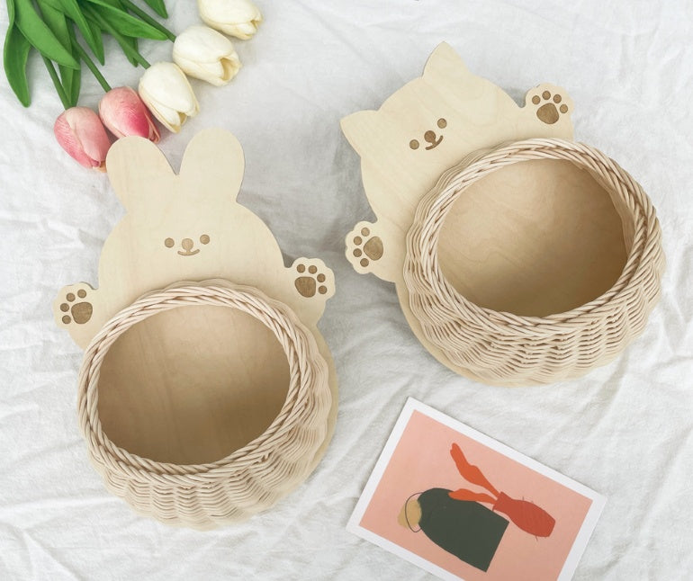 Panier de rangement lapin en rotin et bois Accessoires de cuisine 