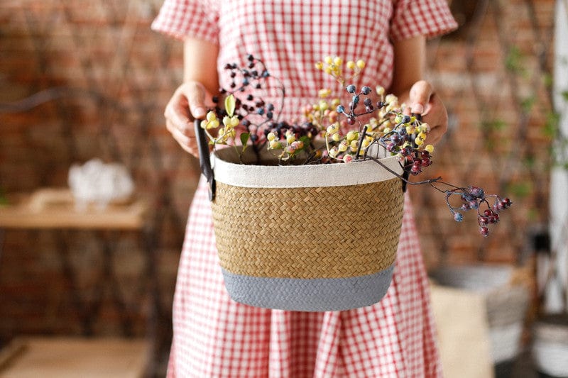 Pastorale Main Herbiers Panier Peint Bord De Lin Pot De Fleur PU Poignée Tressé Panier En Rotin Tissé Panier Grand Panier À Linge Vase