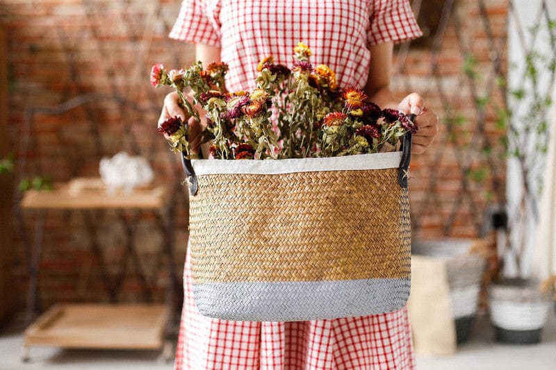 Pastorale Main Herbiers Panier Peint Bord De Lin Pot De Fleur PU Poignée Tressé Panier En Rotin Tissé Panier Grand Panier À Linge Vase