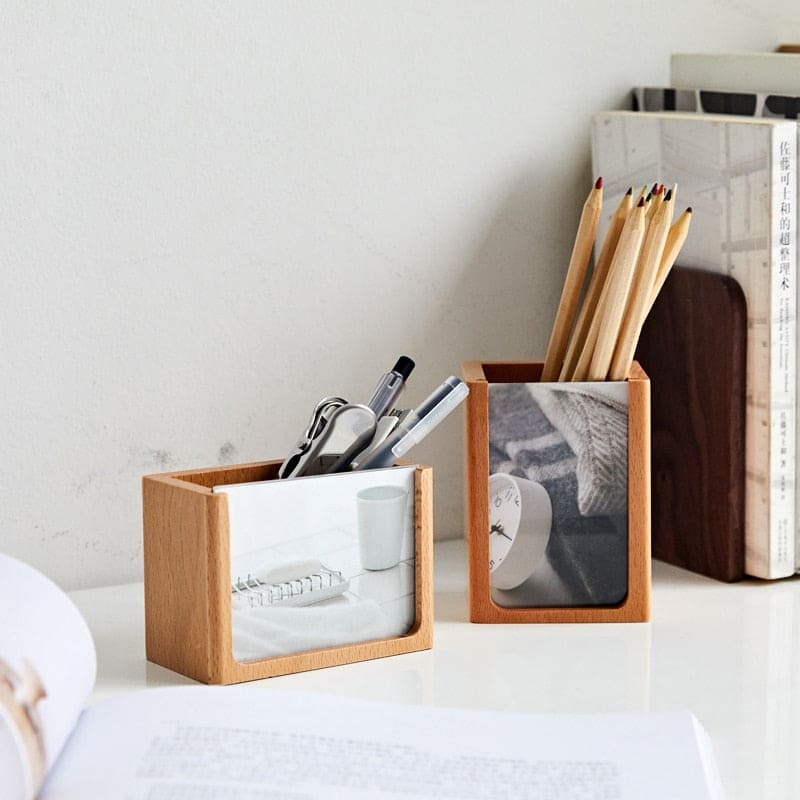 Solid wood photo frame pen holder office desktop stationery storage box Vase