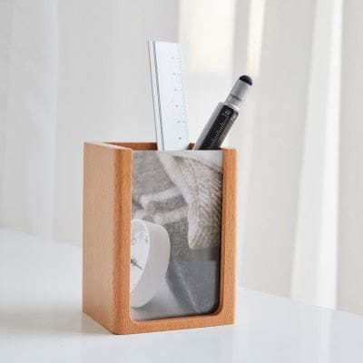 Solid wood photo frame pen holder office desktop stationery storage box Vase