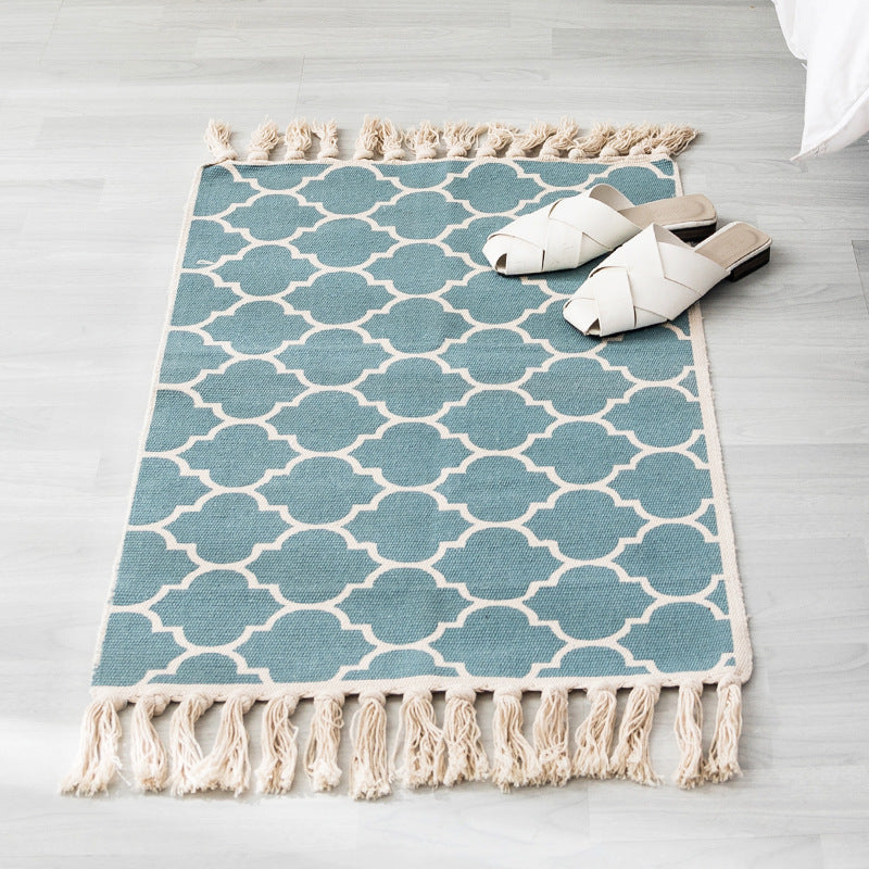 Tapis scandinave bleu en coton et lin tissé à la main textile 