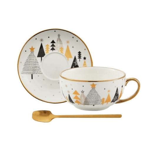 Tasse de Noël + soucoupe + cuillère en céramique Accessoires de cuisine 